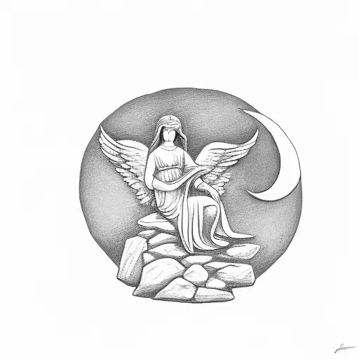 Angel On A Rock By The Sea With The Moon In The Sky