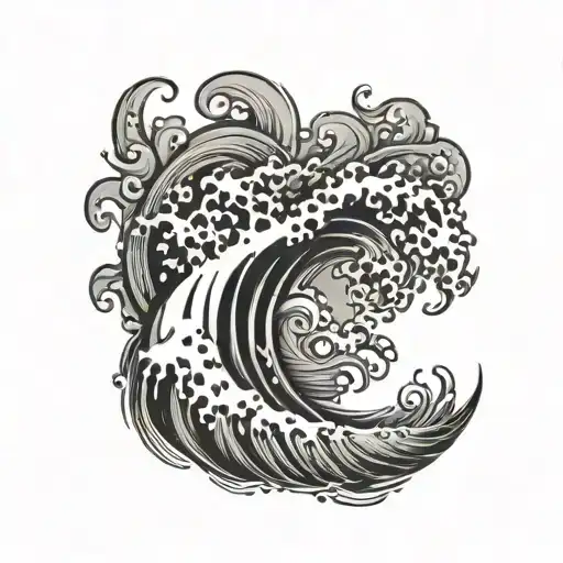 A Black And Grey Wave Tattoo With Hidden Symbols Representing The Client's Favorite Things