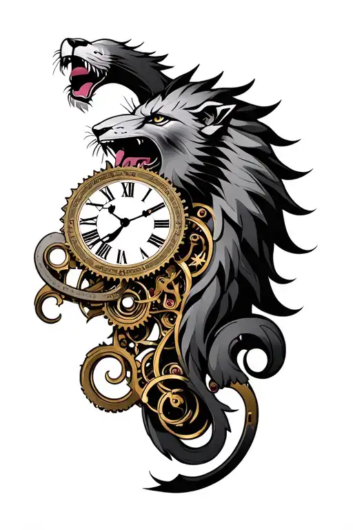 Grand Clock Mechanism Intertwined With Lion Roaring