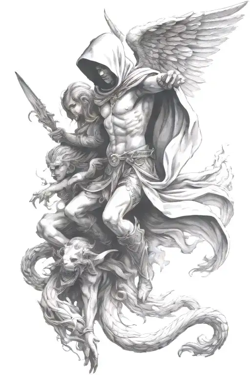 Hooded Arch Angel Defeating A Demon