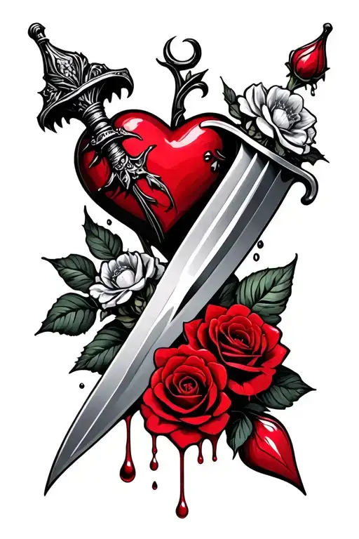 Dagger With Heart And Roses With Blood Drops Watering Flowers