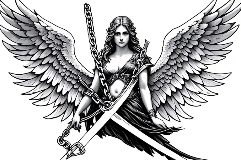 Angel With A Chain Wings On Wings With A Sword