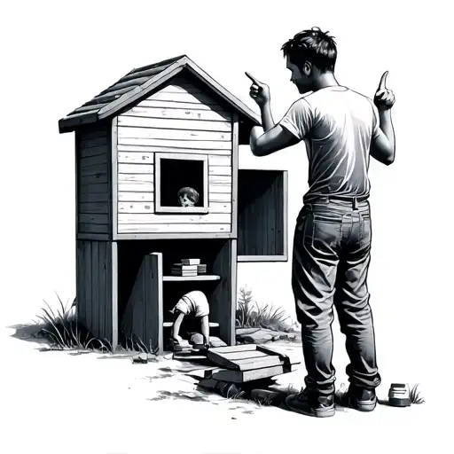 A Father With His Back Turned Building A Cubby House For His Son Who Is Pointing To The Sky