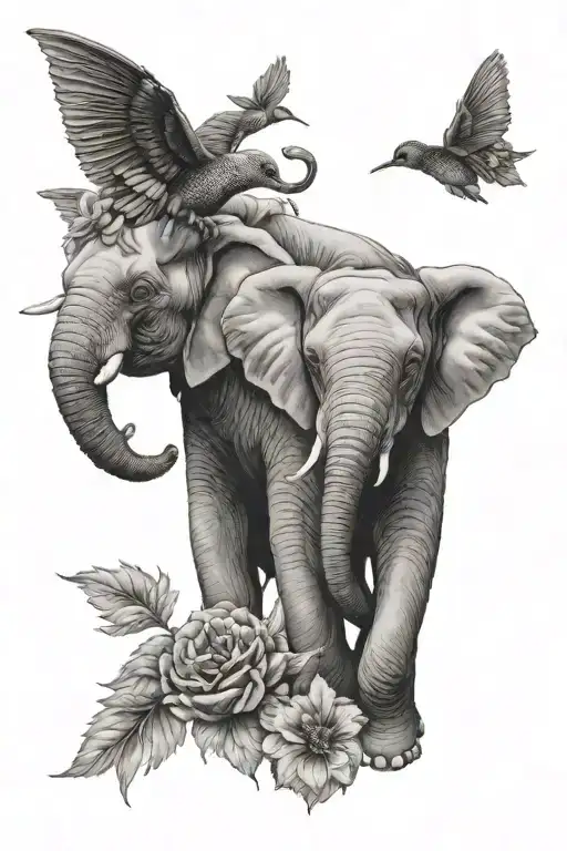 Baby Elephants Walking Together In Sunflowers And Carnations With Hummingbirds Flying Over
