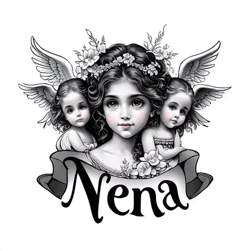The Name Nena With A Beautiful Writing And 2 Small Angels Looking Down Her Name