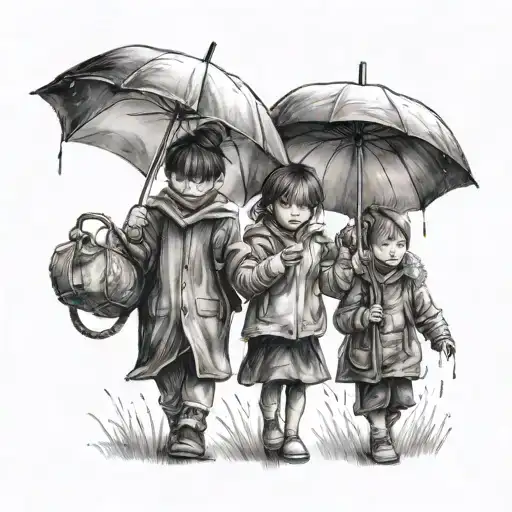Girl Walking Next To Two Children Holding An Umbrella Over Them When It's Raining
