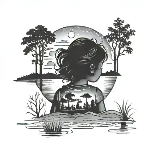 Little Girl Silhouette In Front Of Lake With Trees And Night Sky