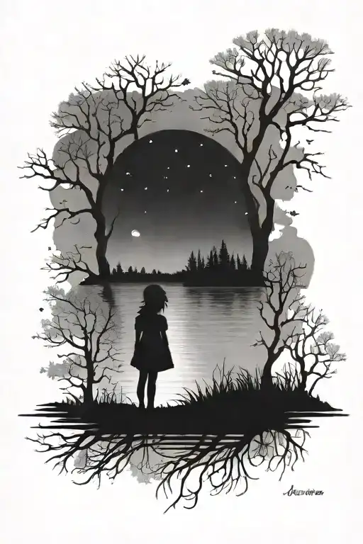 Small Little Girl Silhouette In Front Of Lake With Trees And Night Sky