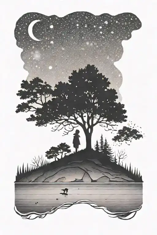 Small Little Girl Silhouette In Front Of Lake With Trees And Night Sky Milky Way