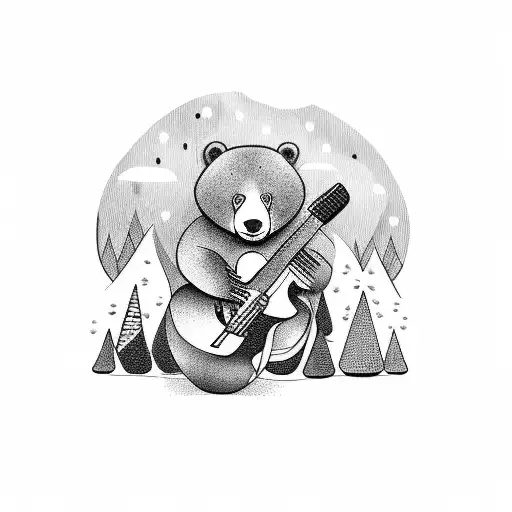 A Blackwork Tattoo Of A Bear Playing A Guitar Amidst A Lush Forest Backdrop