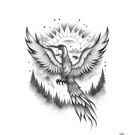 Big Colorful Great Pheonix Flying Above The Forest Mountains Sun