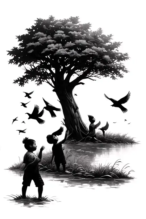 Nature Scene With Kids Releasing Birds Flying Away Tattoo