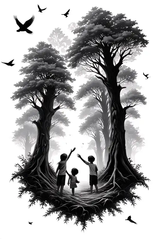 Forest With Kids Releasing Birds Flying Away