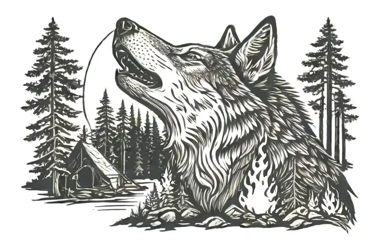 Woods Campfire Wolf Howling At The Moon