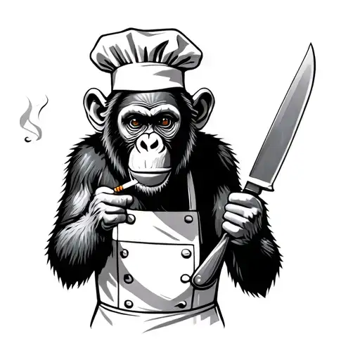 Monkey As A Chef Smoking A Cigarette Holding A Knife