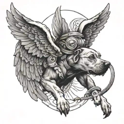 A Black-grey Tattoo Of A Pilot's Wings Intertwined With A Silhouette Of A Dog