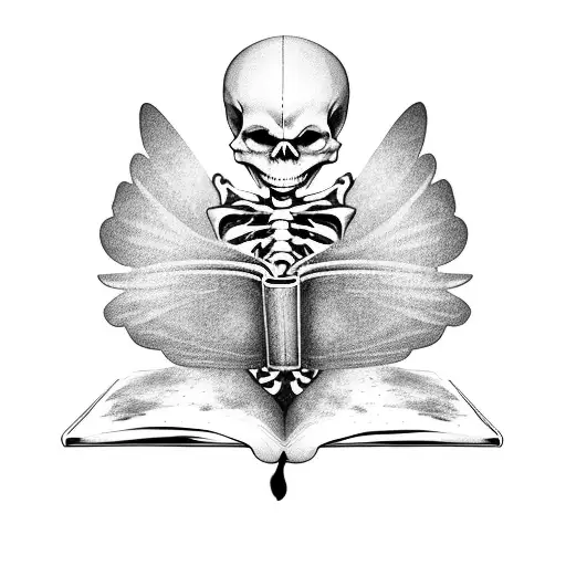 A Skeleton Reading A Book With Butterfly Wings