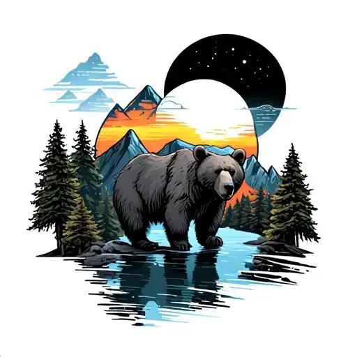 Bear With Mountains And Trees Colors Sunset With The Sun Being The Death Star