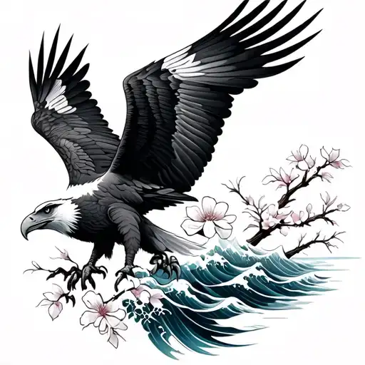 Eagle With Waves And Cherry Blossoms