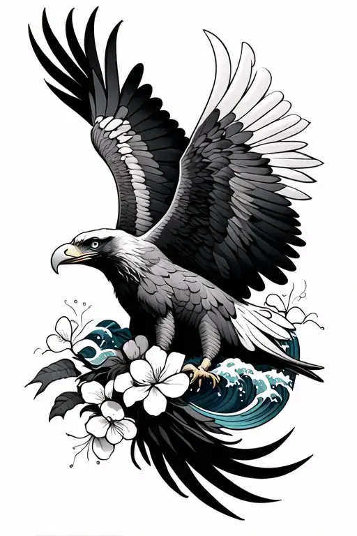 Eagle With Waves And Cherry Blossoms