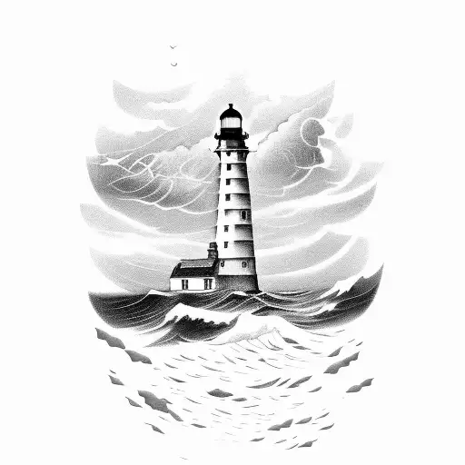Lighthouse With Stormy Background With Whales Tail And Sea Turtle
