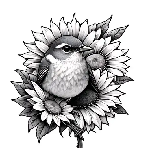 Robin Bird Surrounded By Sun Flowers