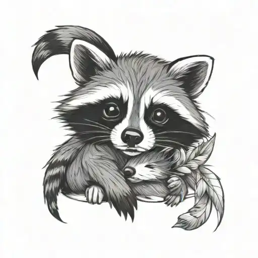 Baby Raccoon And Bunny Curled Up