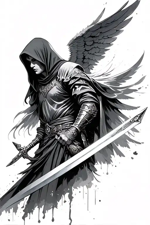 Hooded Angel Warrior Wielding A Sword