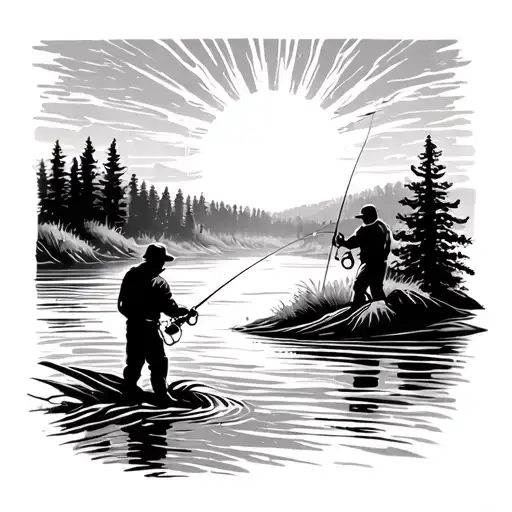 Sun Rays Shining Over A River With A Father And Son Fly Fishing From A Distance