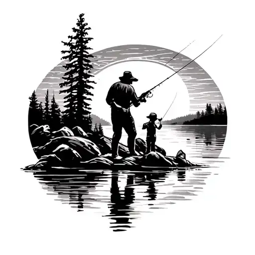 Sun Rays Shining Over A River With A Father And Son Fly Fishing From Far Away