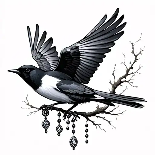 Magpie Flying With Rosary Beads
