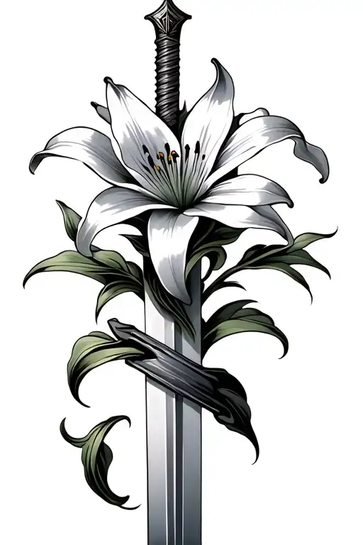 Back Tattoo Lily Flower Wrapped Around Sword