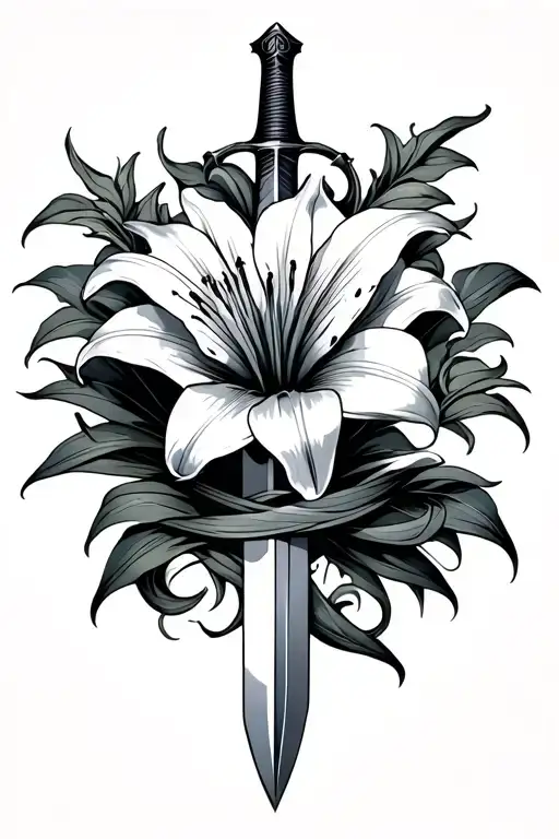 Back Tattoo Lily Flower Wrapped Around Sword