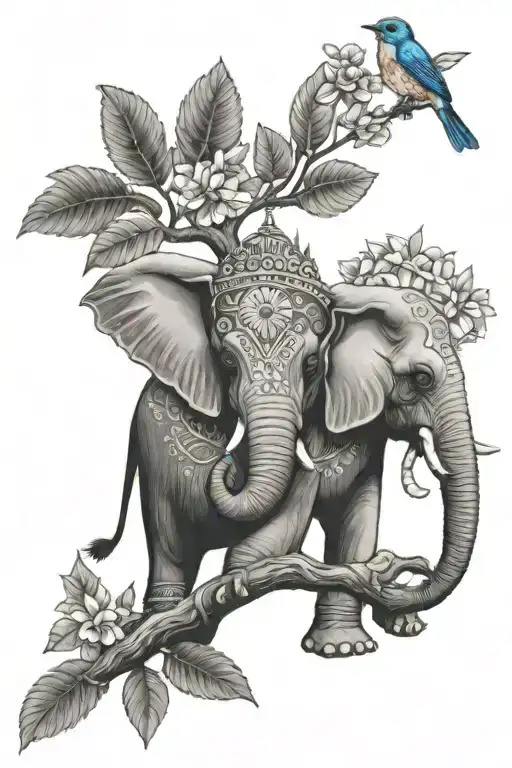 Indian Elephant And Bluebird Sitting On Branch