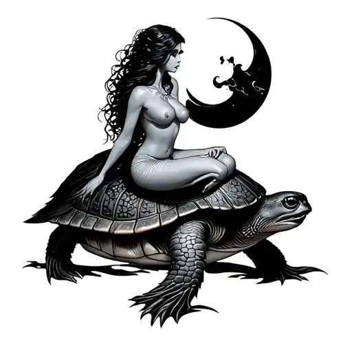 Dark Mermaid Sitting On Turtle Holding The Moon