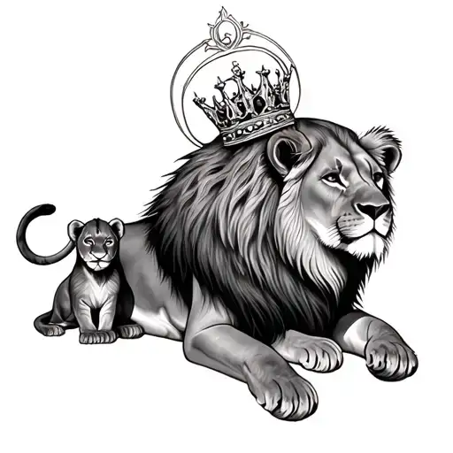 Lioness And 2 Cubs One With A Halo And One With A Crown
