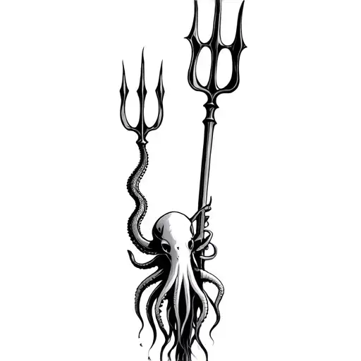 Squid Holding Trident Flowing From Foot Up Leg