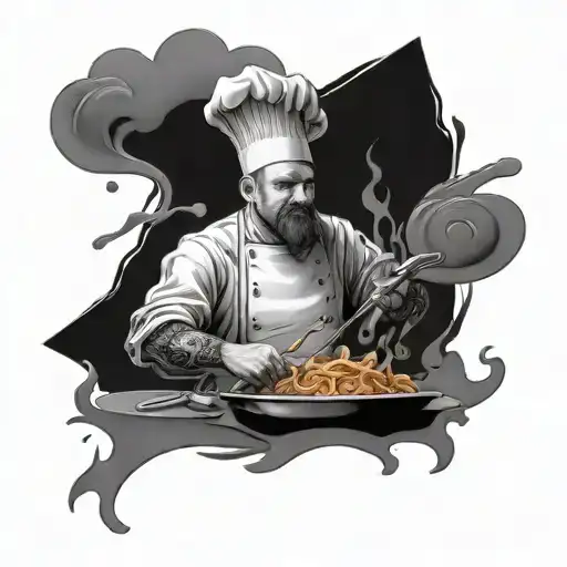 A Peaceful Chef Cooking With Passion Surrounded By Swirling Food Ingredients