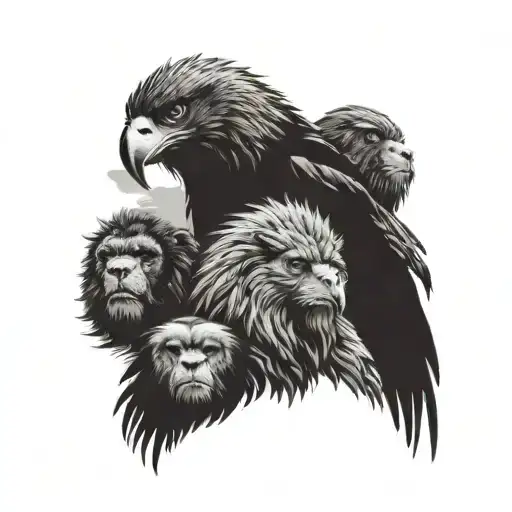 An Eagle Perched On A Branch With A Lion And Gorilla Peeking Out From Behind It