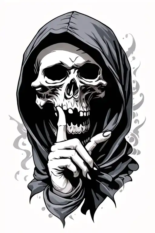 Skull Wearing Hood With Finger Over Mouth