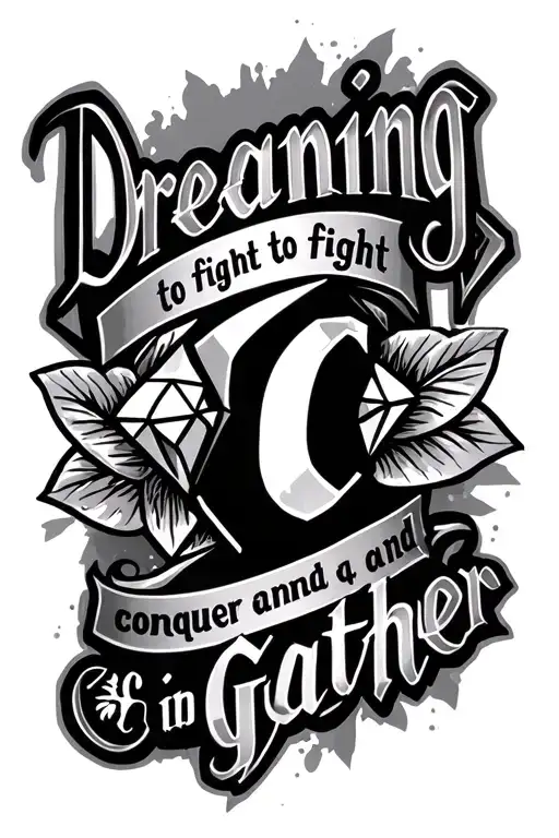 Lettering Style Tattoo With The Words Dreaming To Fight Conquer And Gather A Detailed Diamond In C