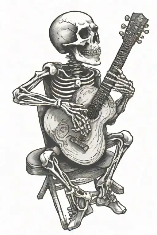 Rock And Roll Skeleton Playing Guitar Sitting In A Rocking Chair