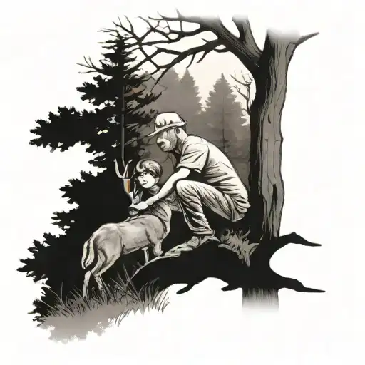 Boy And Grandpa In A Tree Stand Hunting Deer Tattoo