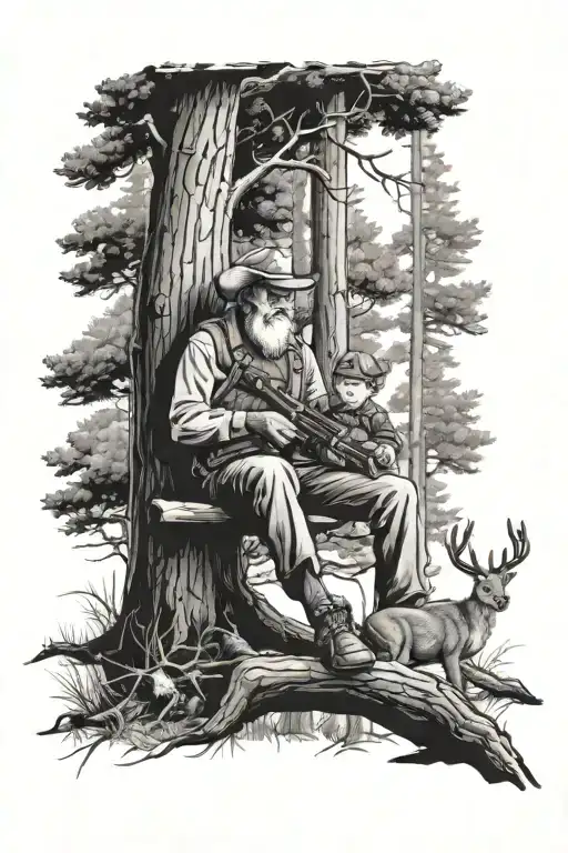 Boy And His Grandpa In The Woods Sitting In A Tree Stand Hunting Deer Tattoo