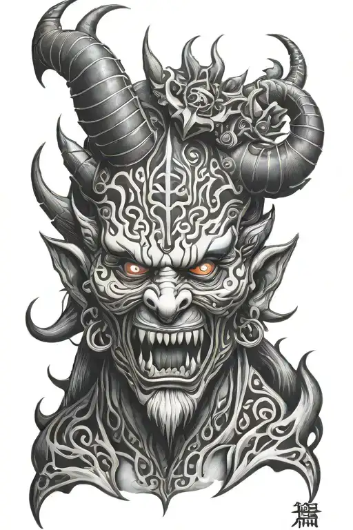 Black And White Samuri Demon Tattoo With Little Detailing