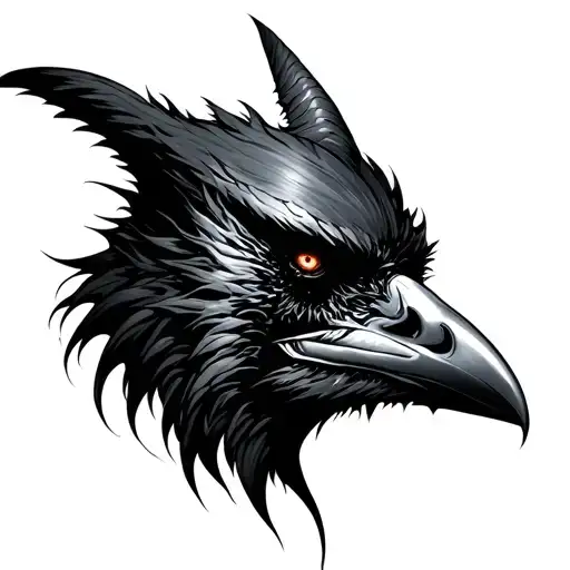 Demon Face Profile View And Raven Head