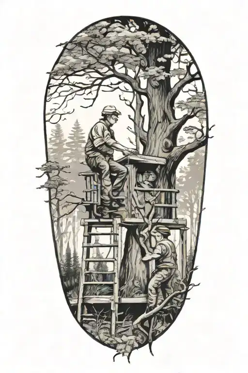 Boy And Grandpa In A Deer Stand In A Tree In The Woods