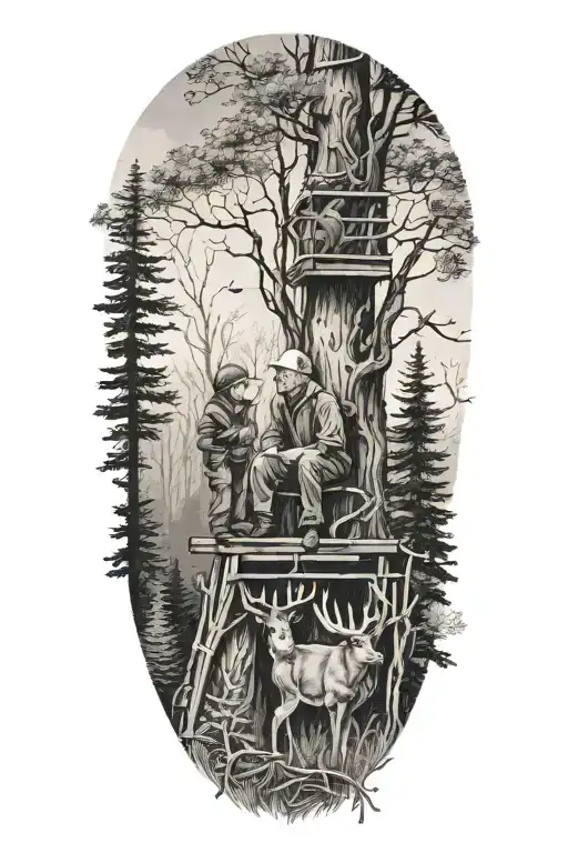 Boy And Grandpa In A Deer Stand In A Tree In The Woods