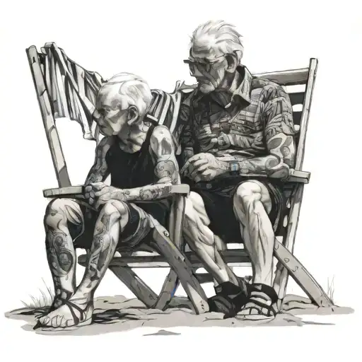 A Boy And Grandpa Sitting On The Beach In Beach Chairs