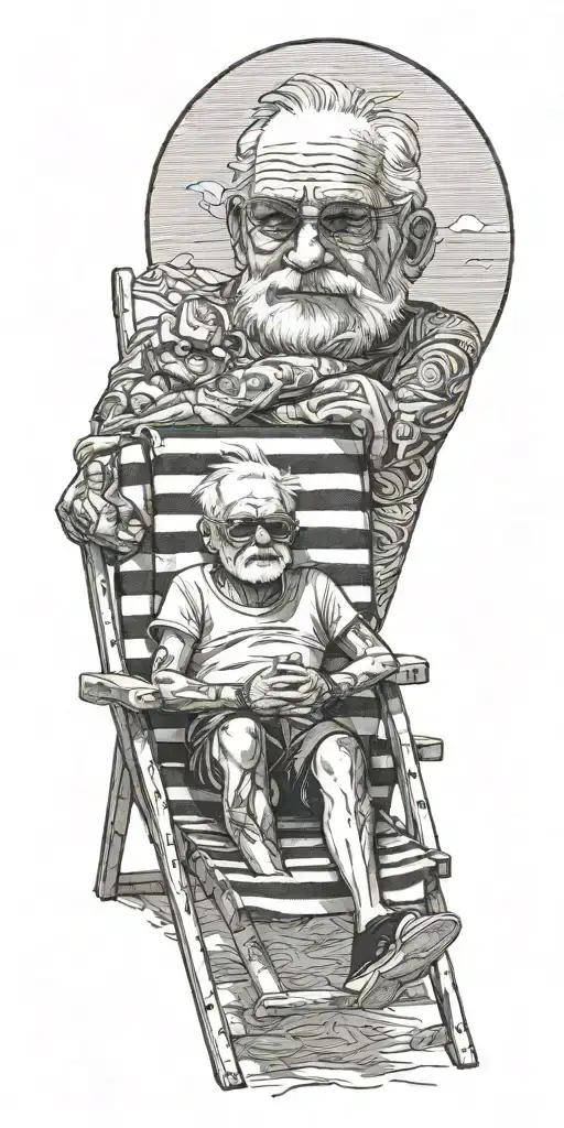 A Boy And Grandpa Sitting On The Beach In Beach Chairs